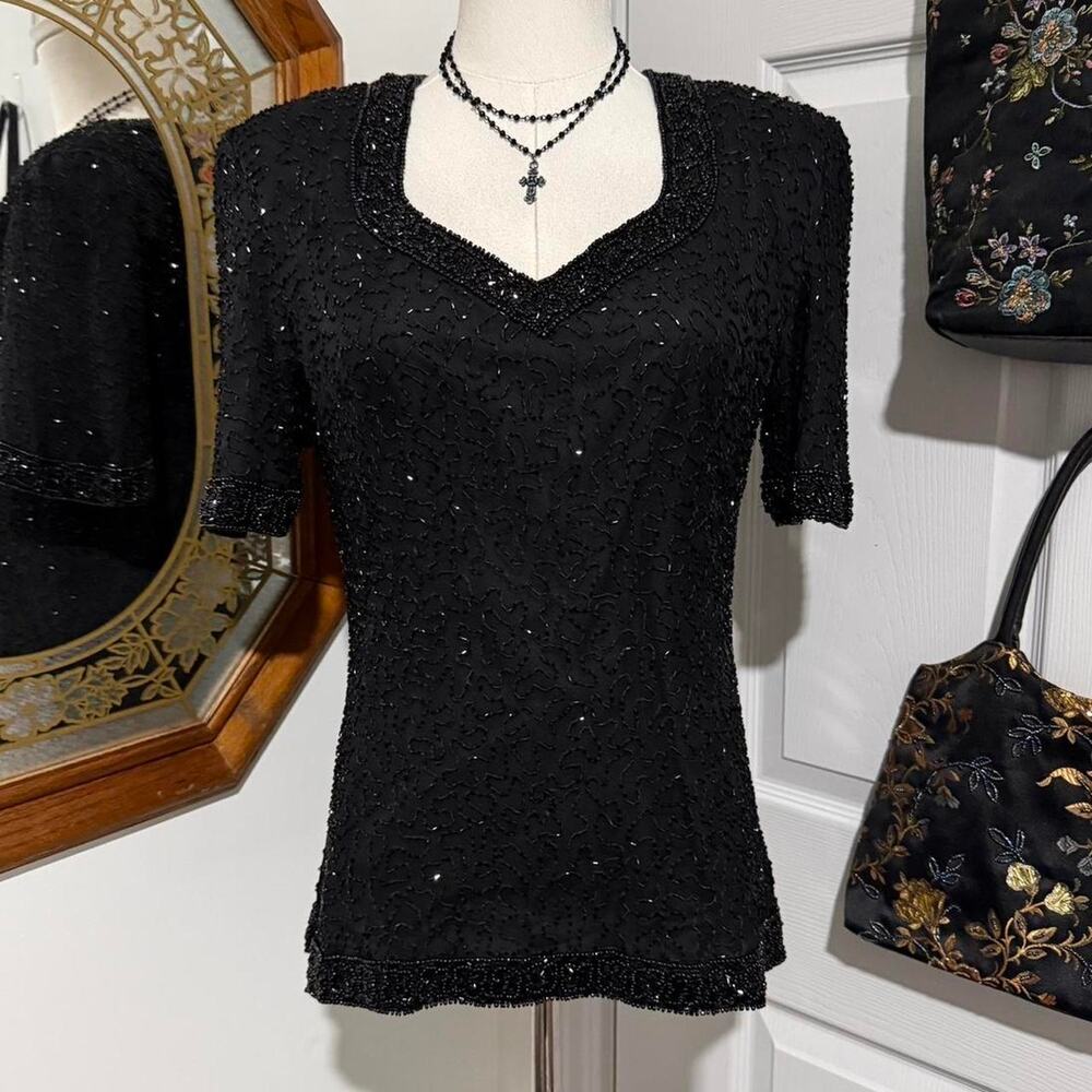 VTG 80s/90s Stenay Black 100% Silk Beaded V Neck Goth Glam Top w Shoulder Pads - Picture 3 of 8